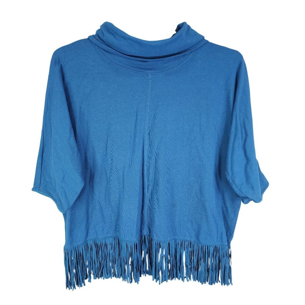 Womens Blue Terre Bleue Fringe Poncho Top Cowl Neck Kimono Sleeve Size XXL
